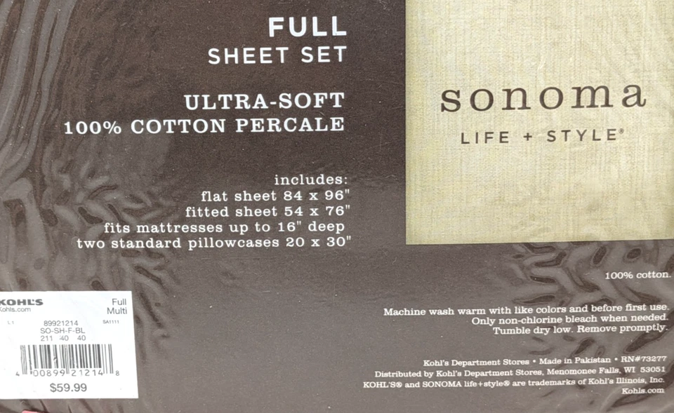 Nuevo Juego Completo de Sábanas Kohl's Sonoma Life + Estilo Azul Rayas 100% Algodón Percal Foto 4 de 4