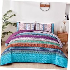 Purple Quilt Set King Size, Stripe Boho 3 Pieces King 104"x90" Purple Blue