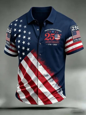 Patriotic Hawaiian Shirt USA Flag Men Aloha Button Up Summer Beach