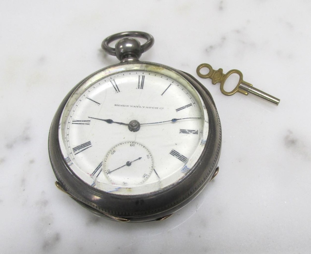 Antique 1883 Elgin Key Wound Pocket Watch w/ Silver Case & Key