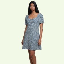 Urban Revivo Blue Floral Denim Mini Dress Sweetheart Puff Sleeve Large NWT