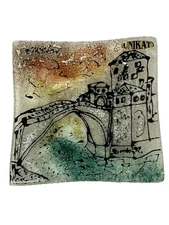 “Arabeska” Hand Made Art Glass Mostar Bridge Square Trinket Dish Signed Unikat N