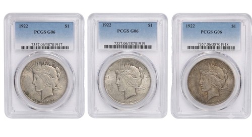 3 Coin Lot 1922 Peace Dollar PCGS G06 Consecutive Cert #s 38701917-19