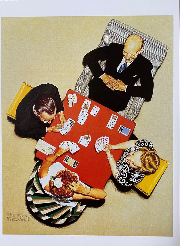 Norman Rockwell Postcard - BRIDGE GAME (The Bid)  - Saturday Evening Post Cover