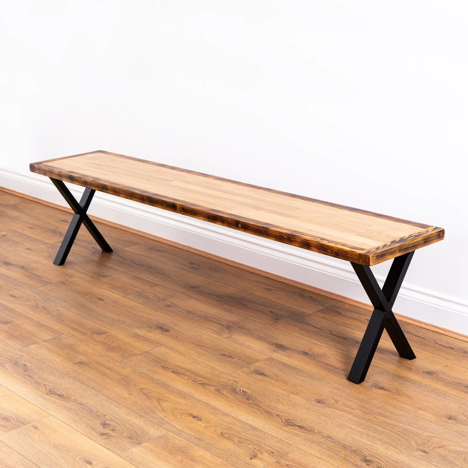 Butchers Block Bench with X Legs | Solid Oak and Reclaimed Timber Style - Image 2 of 4