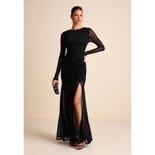 Lulus Evening Poise Black Mesh Ruched Long Sleeve Maxi Dress Gown Size S NWT
