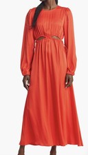 Farm Rio Ruched Cutout Long Sleeve Satin Maxi Dress,viscose,sz L, New