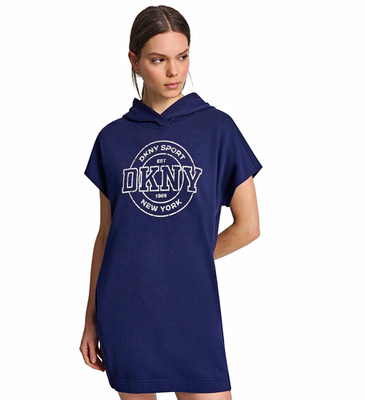 DKNY Sport Navy Logo Hooded Pullover Hoodie Dress w/ Pockets Short Sleeve L