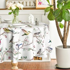 Spring Summer Tablecloth 70x70 Inch Round, Birds Branch Floral Table Cover for
