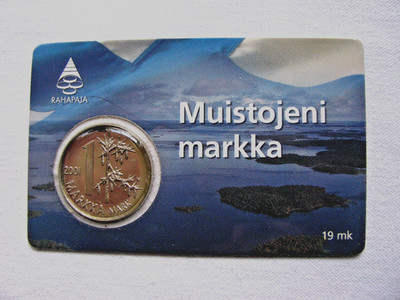 2001 FINLAND 1 mark uncirculated coin MUISTOJENI MARKKA commemorative in card