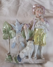 Antica statuina porcellana tedesca lustro ragazzo con cane 5" rara da collezione