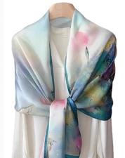 100% Silk mulberry Scarf Women neckerchief Shawl Wrap floral blue green HD1-75