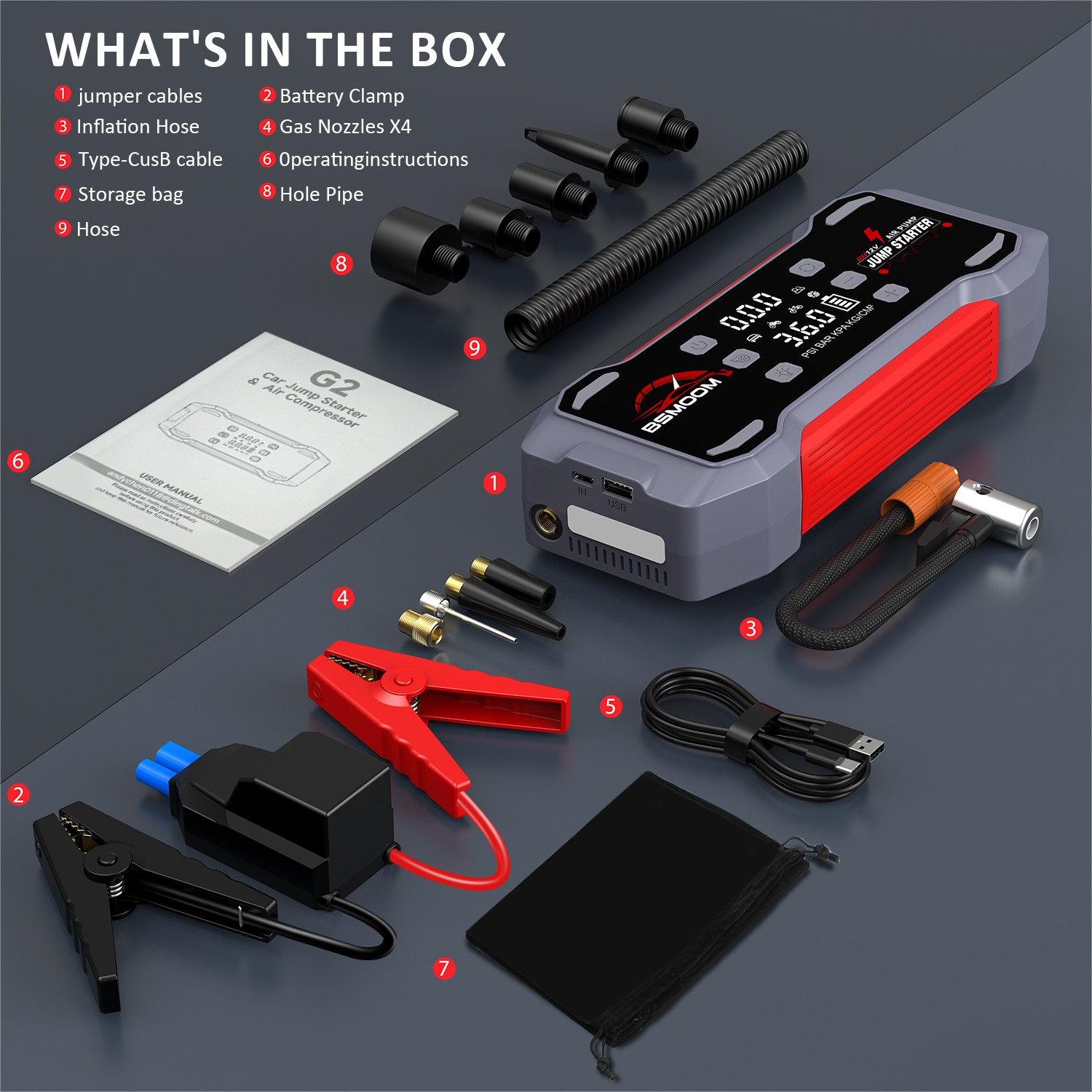 9000A Car Jump Starter With Air Compressor Pack Booster 12V Power Bank US