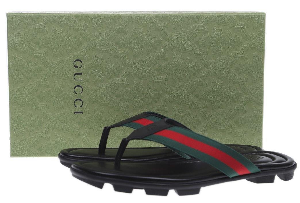 Gucci Men\'s Black Leather Thong Sandals with Green & Red Web and Gold GG GUCCI Vintage Thong Sandals – Black with Signature Web  main image 3