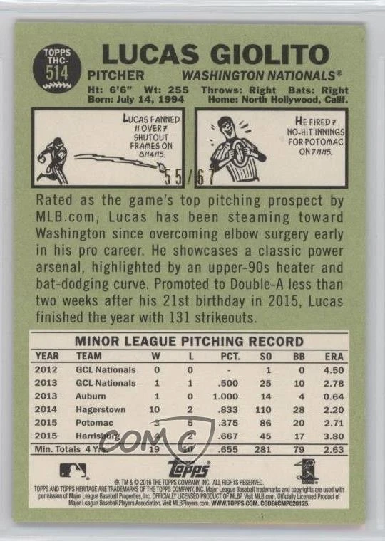 2016 Topps Heritage High Number /67 Lucas Giolito #THC-514 Rookie RC - Image 2 of 2