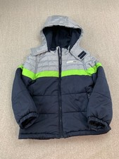 London Fog Puffer Fleece Lined Hooded Jacket Boys Size L Grey Blue Lime Green