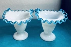 VINTAGE FENTON Art Glass Ruffled Aqua Crest 3.5" Vases 2
