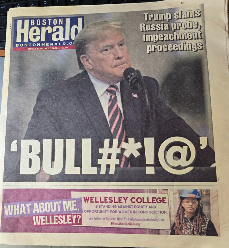 President Trump 'Bull#*!@' headline Boston Herald February 7 2020 Newspaper