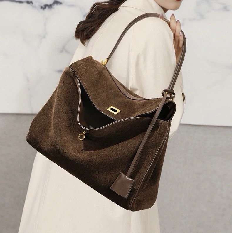 Mujeres Gamuza Bolso de Mano Cuero de Vaca Genuino Cartera de Hombro Bolso de Mano Marrón Foto 3 de 4