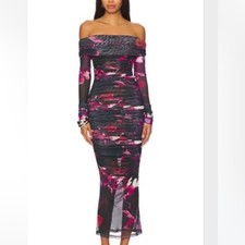 Nicholas Oaklyn Off Shoulder Shirred Midi Dress Blur Floral Magenta US 6 NEW