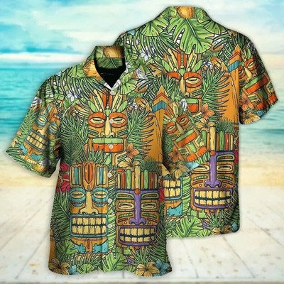 Tiki Mask Tropical Hawaii Surf Board Palm Leaves Beach Party Hawaiian Shirt