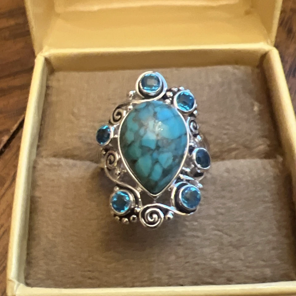 Anillo de cuarzo doblete Sajen plata AAA Mojave turquesa y celeste Paraiba 7 Foto 2 de 4