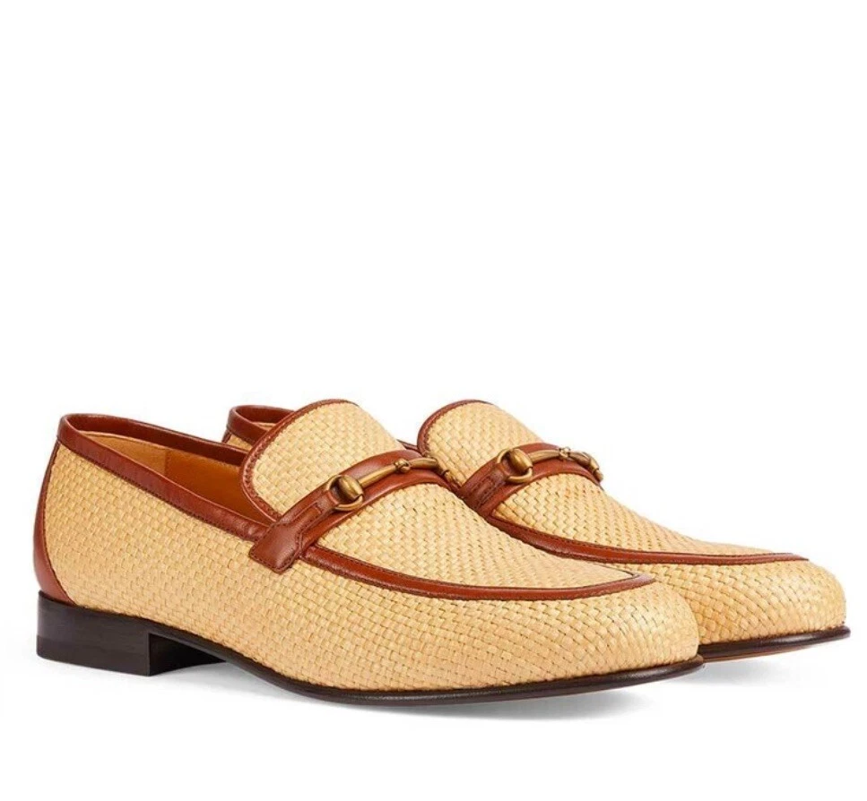 Mocassins Gucci Jordaan Horsebit cuir de raphia marron 10/US 10,5 neufs dans leur boîte 1