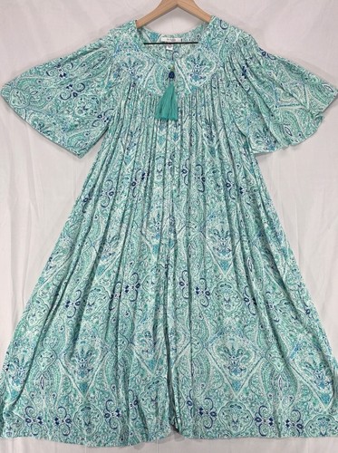 Go Softly Patio Dress Crinkled Rayon Tassle Zip Green Housedress Muumuu Womens M