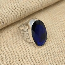 Lab-Created Blue Sapphire Gemstone Handmade 925 Sterling Silver Ring Jewelry