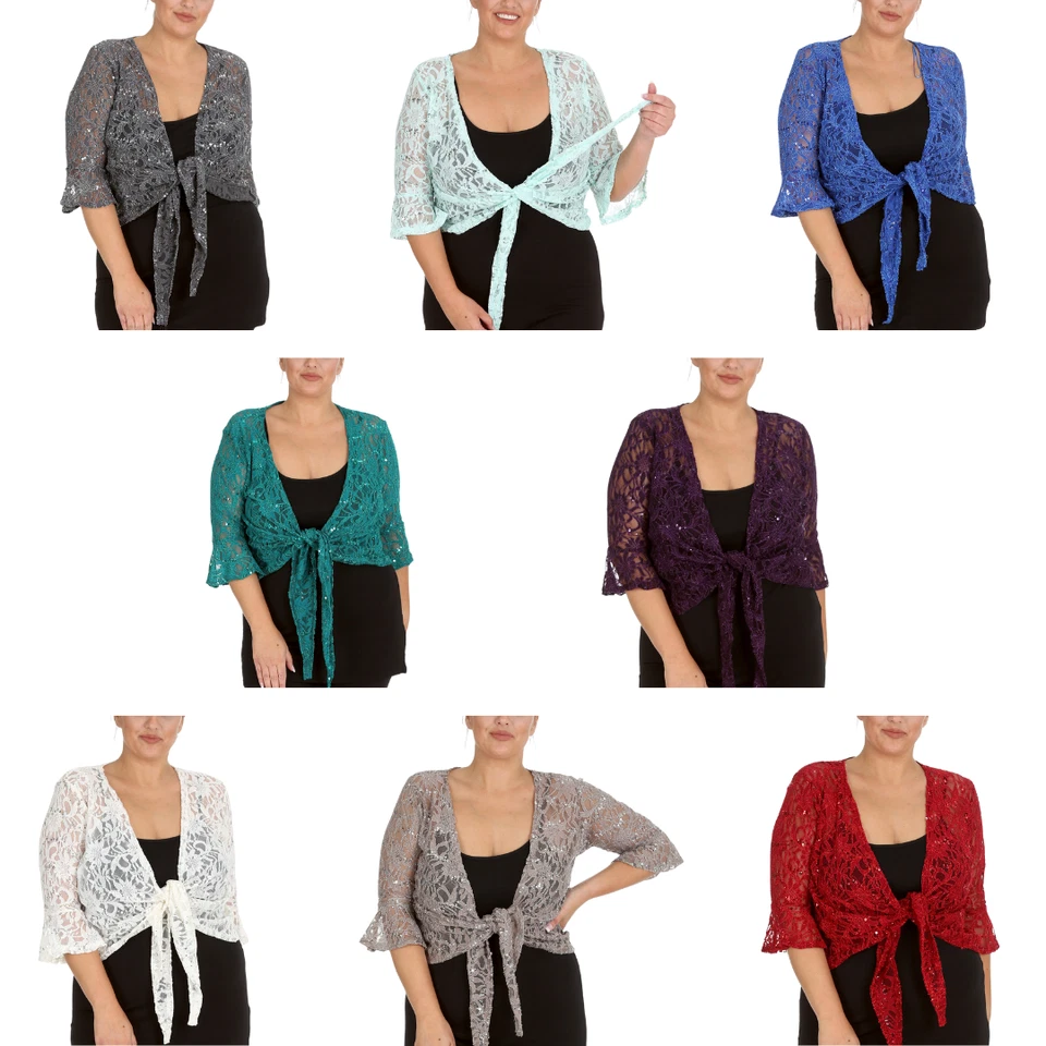 Nouvelle Ladies Plus Size Shrug Bolero Floral Lace Front Tie Sequin Cardigan Top - Image 2 of 3