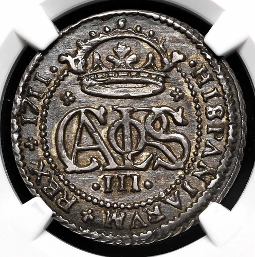 COLONIAL ERA SPAIN. Carlos III, Silver 2 Reales, 1711, Barcelona, NGC AU55