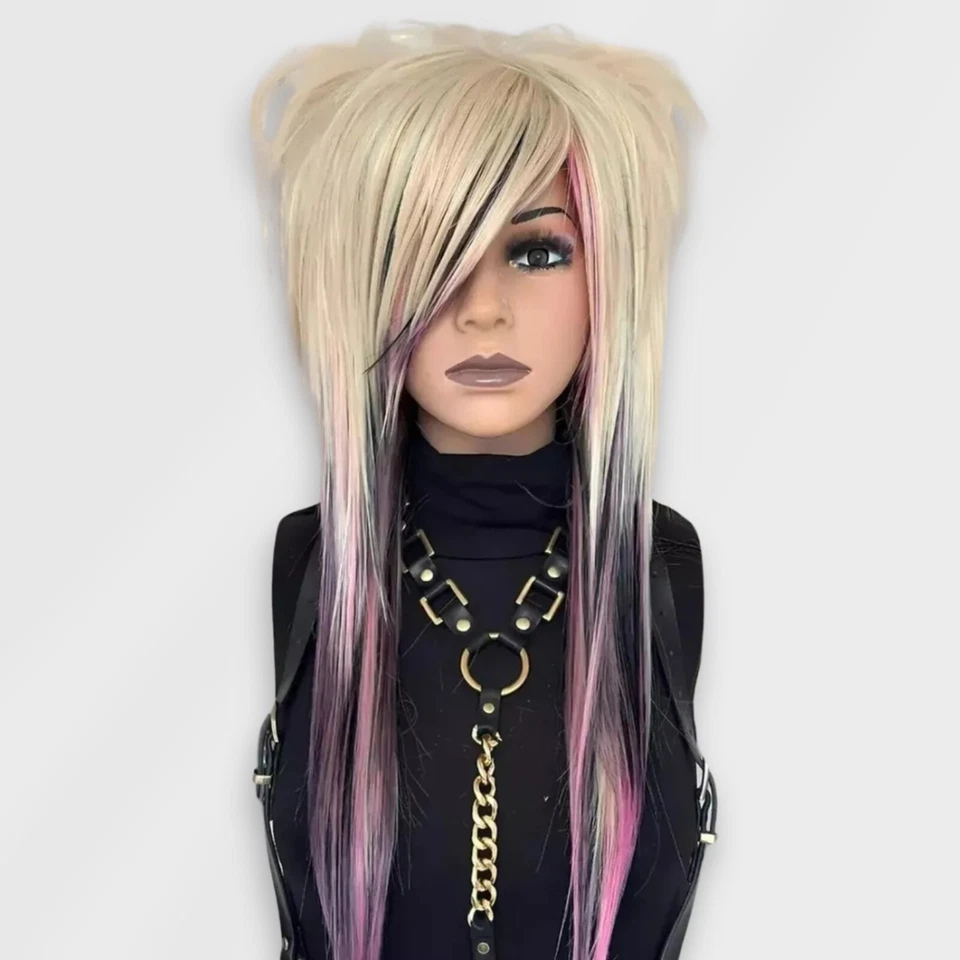 Peluca escena emo rubia rosa negra, peluca peluda de capa con flequillos laterales, peluca punk rockera Foto 2 de 4