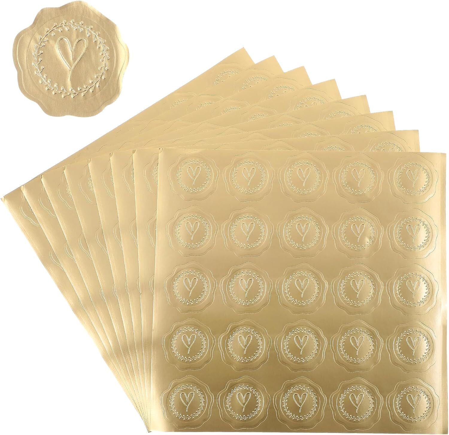 200 Pcs Gold Embossed Wax Seal Looking Heart Envelope Self-Adhesive