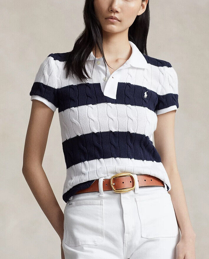 Polo Ralph Lauren Women's Striped Cable-Knit Polo Shirt - M Polo Ralph Lauren Women's Striped Cable-Knit Polo Shirt - M