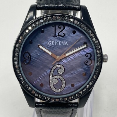 Geneva Marcasite Women's 41mm Watch Black Blue MOP Dial Bling New Battery 8.5''