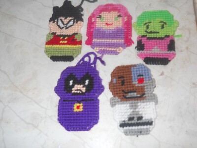 HANDMADE PLASTIC CANVAS TEEN TITANS CHRISTMAS ORNAMENTS SET OF 5