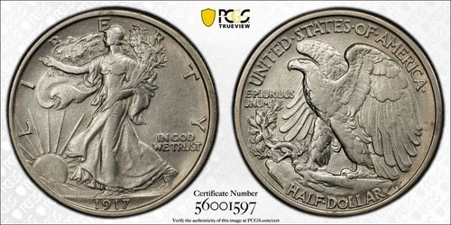 1917 Walking Liberty Half Dollar 50C PCGS Cleaned AU Detail #1597