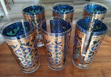 Georges Briard Glasses Highball Firenze 22k Gold Blue Hollywood Regency MCM 6 pc