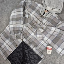 NEW Wrangler Jacket Men M Gray Plaid Quilted Lined Hooded Button Flannel Shacket