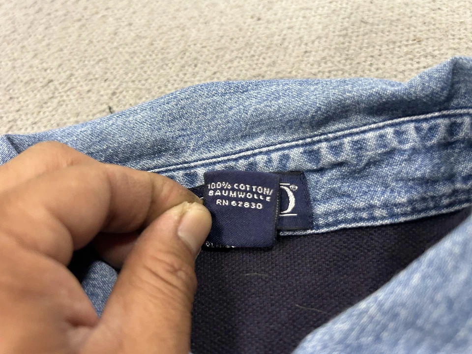 Camisa polo vintage Lands' End para hombre grande azul marino denim cuello cambray rugby años 90 Foto 4 de 4