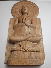 Antique Handcraft Sculpture Wooden Buddha Statue Golden India 18 In Plaque