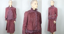 Vtg LILLIE RUBIN Plum Suede Leather Lace Blouse Jacket Skirt 3pc Dress Set 12