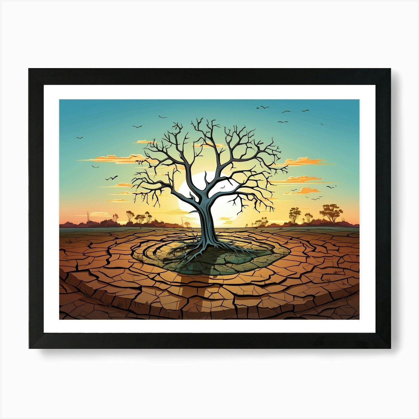 Lonely Tree in Cracked Desert Framed Wall Art Canvas Print  