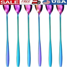 Long Handle Stainless Steel Ice Cream Spoons Set Milkshakes Iced Tea Desserts US