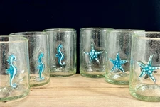 Set Of 6 Starfish Hand Blown Bubble Glass Tumblers Low Ball Glasses Nautical