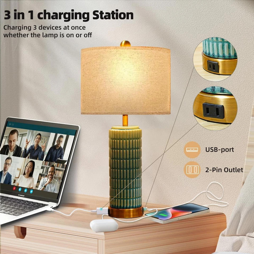 Lámparas de mesa de cerámica verde con puerto USB de carga y toma de corriente, 3 vías regulables a... Foto 3 de 4