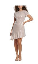 Eliza J Sequin Neutral Blush Ruffled A-Line Asymmetric Ruffle Hem Dress 12 NWOT