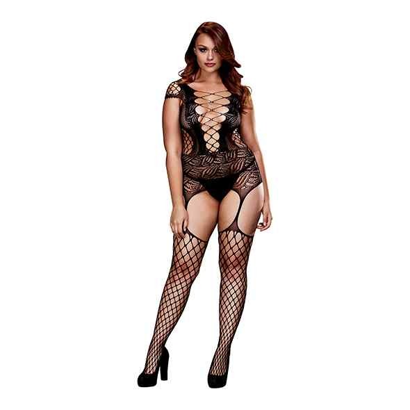 Baci - Body De Cuerpo Entero De Rejilla Con Liguero - Cuerpos Voluptuosos En Oferta Baci Corset Front Suspender Fishnet Bodysuit One Size - Queen Size Fashion
