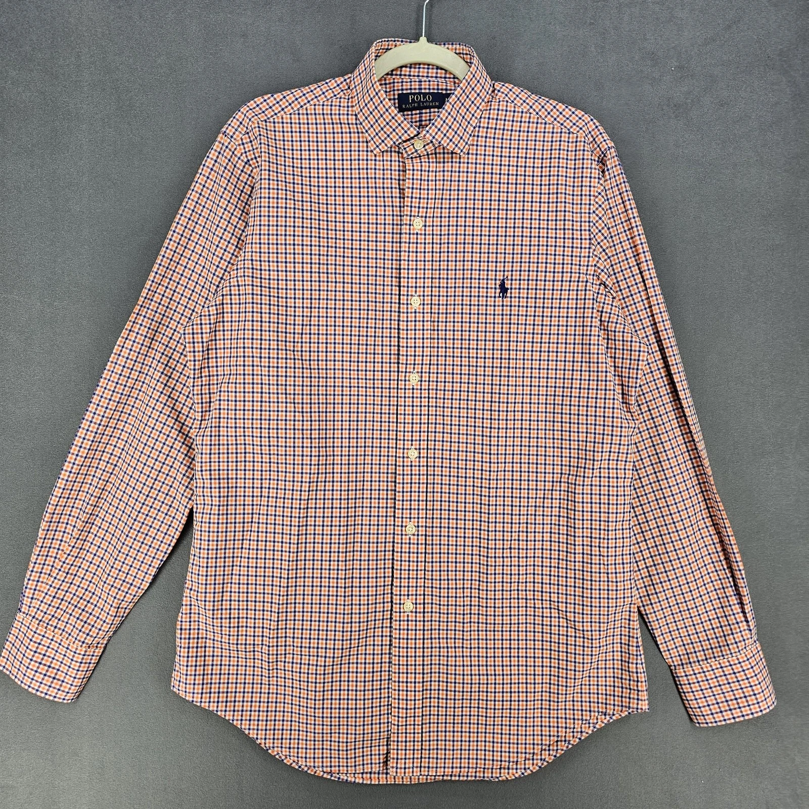 Polo Ralph Lauren Shirt Mens Medium Orange Blue Check Button Down Long Sleeve