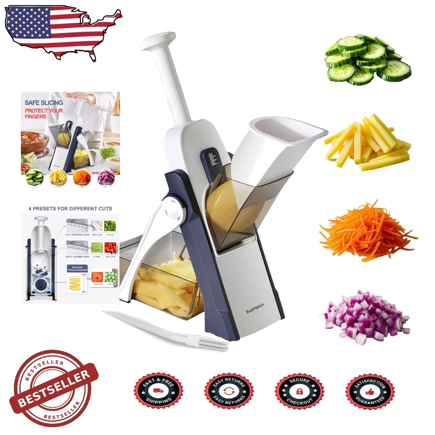 Safe Mandoline Slicer Blue, All-in-1 Vegetable Chopper, Adjustable Thickness
